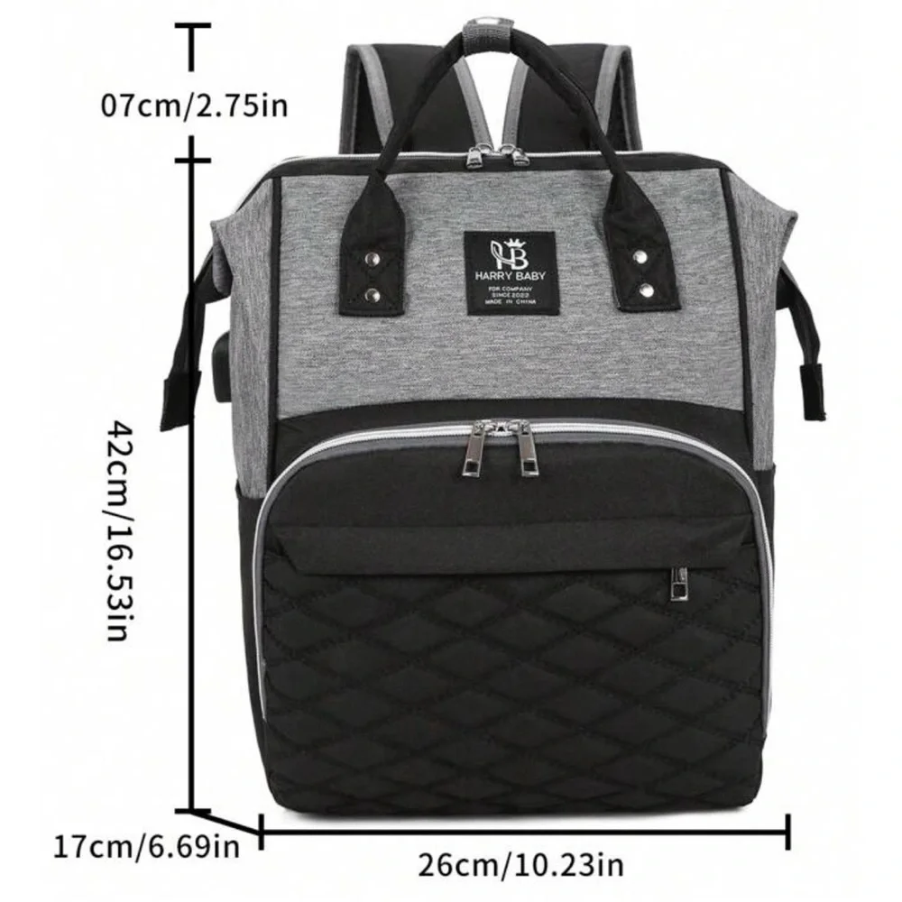 Harry Baby Backpack Bag Traveling Outdoor USB Port Oxford Cloth Zipper Gray/Blk